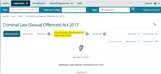 Screenshot of a “Commencements, Amendments, SIs made under Act link