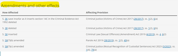 Screenshot of a “Commencements, Amendments, SIs made under Act link